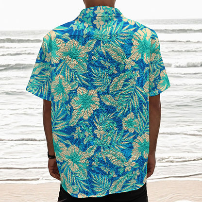 Blue Blossom Tropical Pattern Print Textured Short Sleeve Shirt