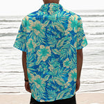 Blue Blossom Tropical Pattern Print Textured Short Sleeve Shirt
