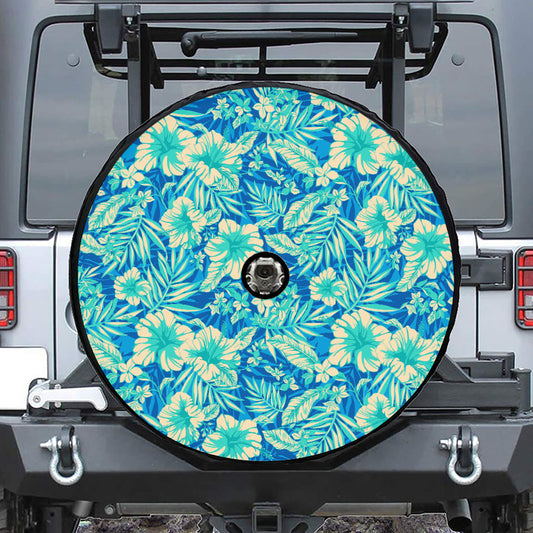 Blue Blossom Tropical Pattern Print Tire Cover With Camera Hole
