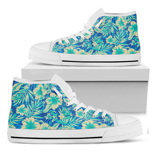 Blue Blossom Tropical Pattern Print White High Top Sneakers