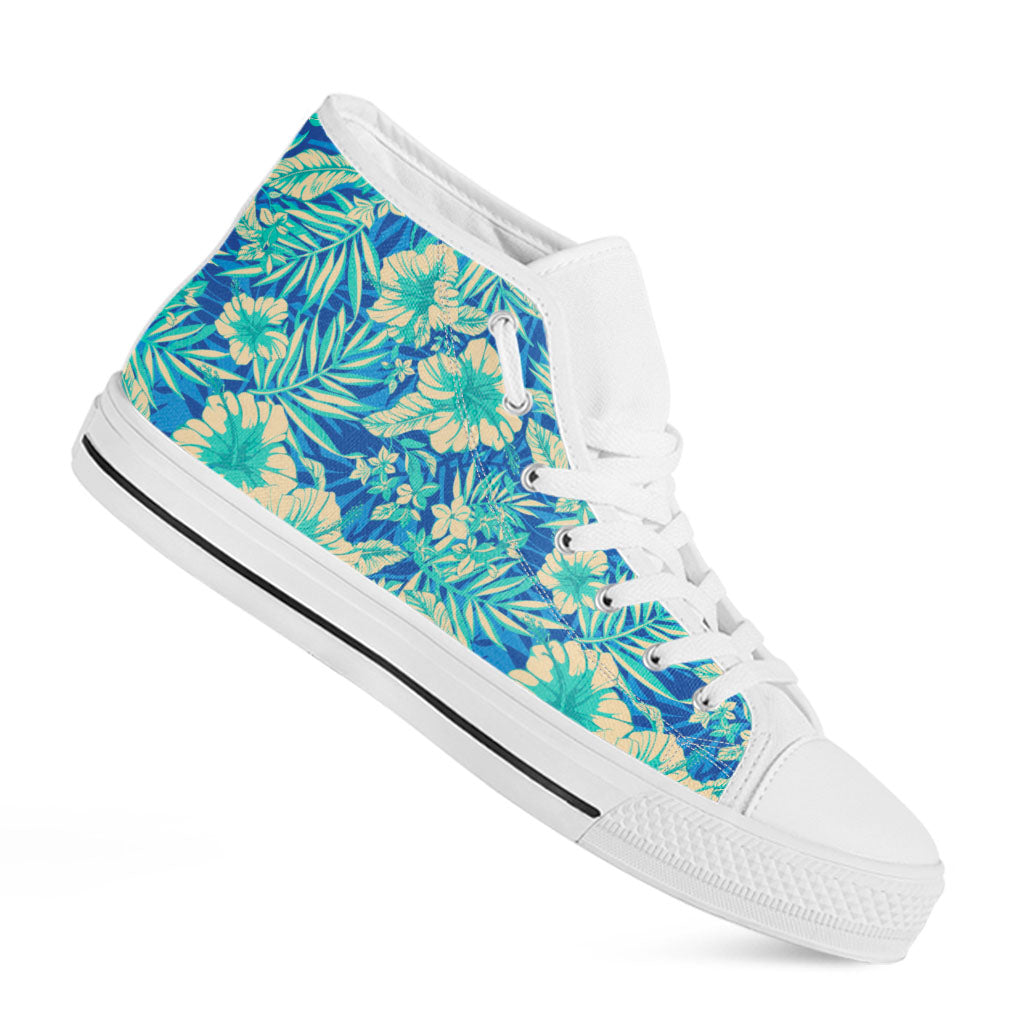 Blue Blossom Tropical Pattern Print White High Top Sneakers
