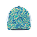 Blue Blossom Tropical Pattern Print White Mesh Trucker Hat