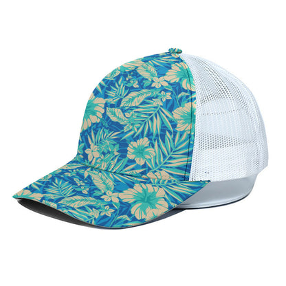 Blue Blossom Tropical Pattern Print White Mesh Trucker Cap