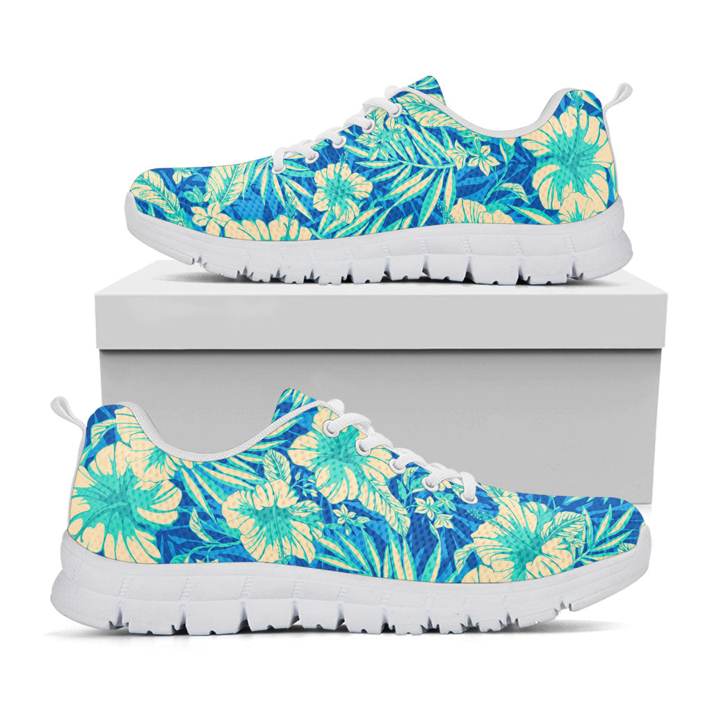 Blue Blossom Tropical Pattern Print White Running Shoes