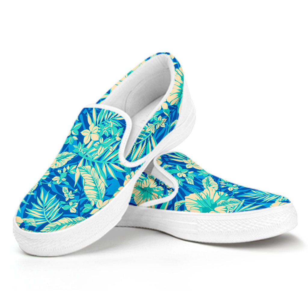 Blue Blossom Tropical Pattern Print White Slip On Sneakers