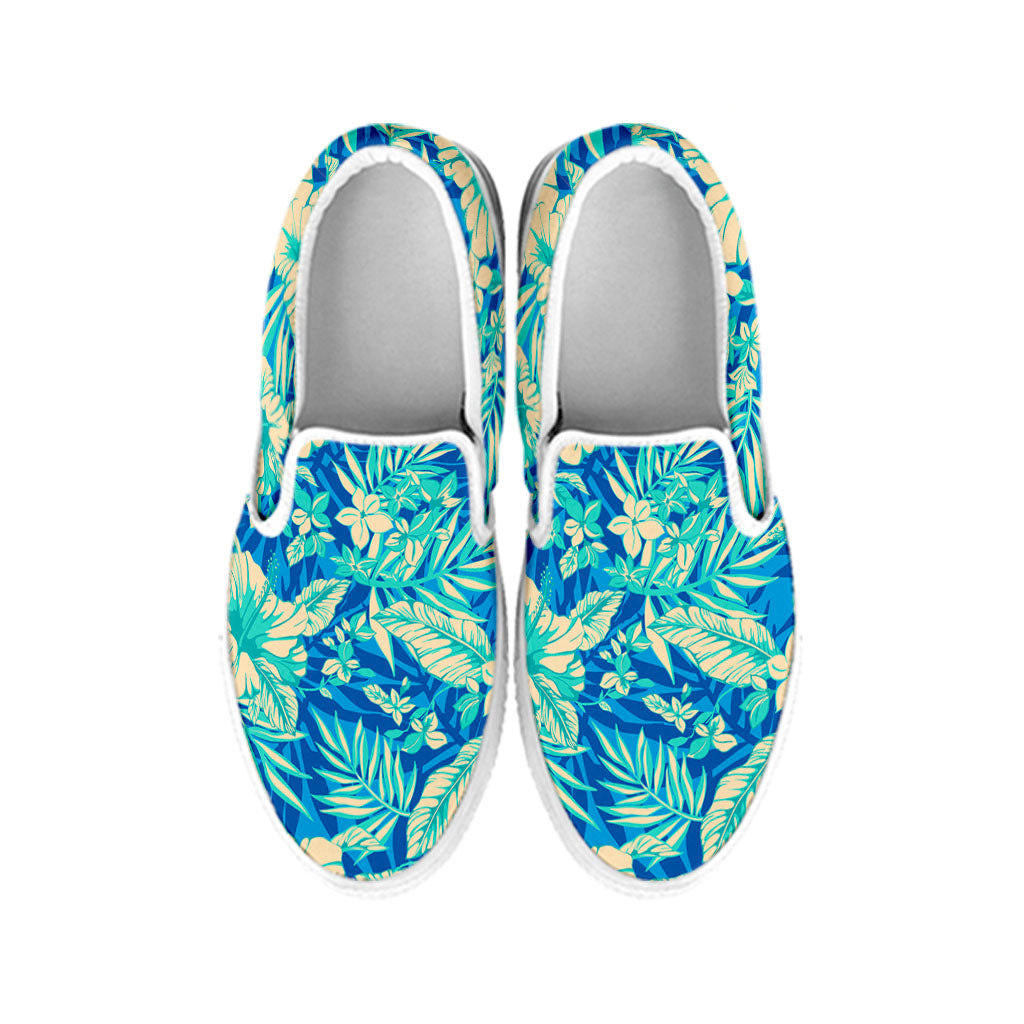Blue Blossom Tropical Pattern Print White Slip On Sneakers