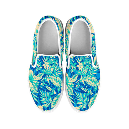 Blue Blossom Tropical Pattern Print White Slip On Sneakers