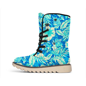 Blue Blossom Tropical Pattern Print Winter Boots