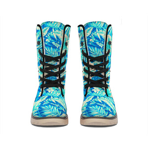 Blue Blossom Tropical Pattern Print Winter Boots