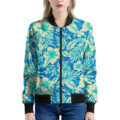 Blue Blossom Tropical Pattern Print Women's Bomber Jacket