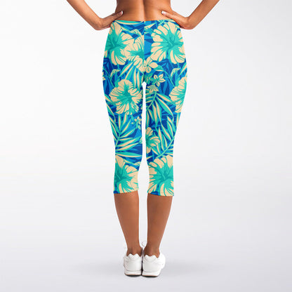 Blue Blossom Tropical Pattern Print Women's Capri Leggings