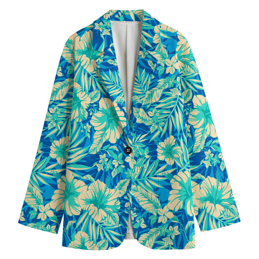 Blue Blossom Tropical Pattern Print Women's Cotton Blazer