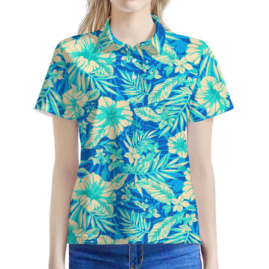 Blue Blossom Tropical Pattern Print Women's Polo Shirt