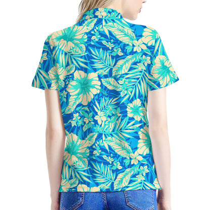 Blue Blossom Tropical Pattern Print Women's Polo Shirt