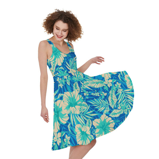 Blue Blossom Tropical Pattern Print Women's Sleeveless Dress