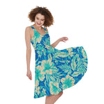 Blue Blossom Tropical Pattern Print Women's Sleeveless Dress