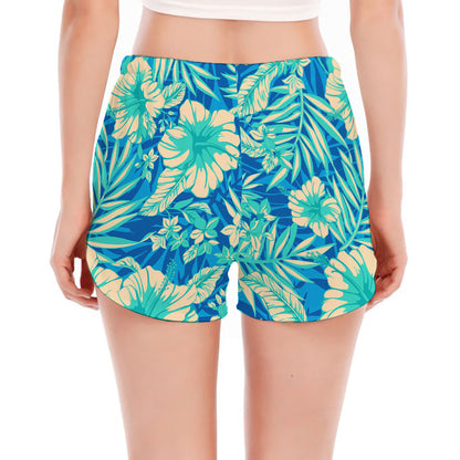 Blue Blossom Tropical Pattern Print Women's Split Running Shorts