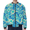 Blue Blossom Tropical Pattern Print Zip Sleeve Bomber Jacket