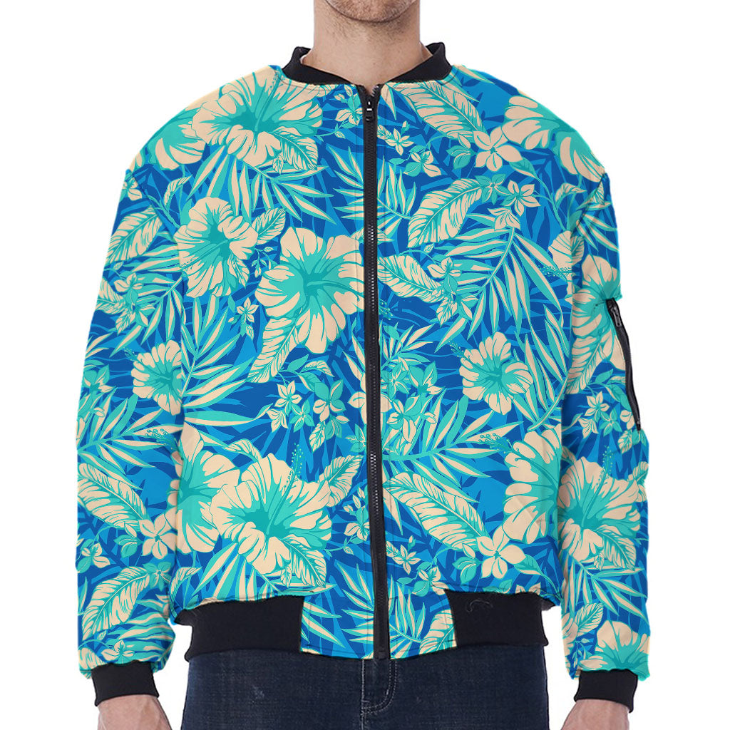 Blue Blossom Tropical Pattern Print Zip Sleeve Bomber Jacket