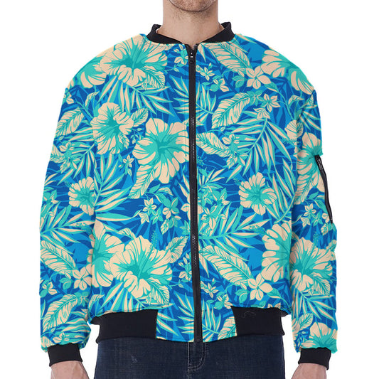 Blue Blossom Tropical Pattern Print Zip Sleeve Bomber Jacket