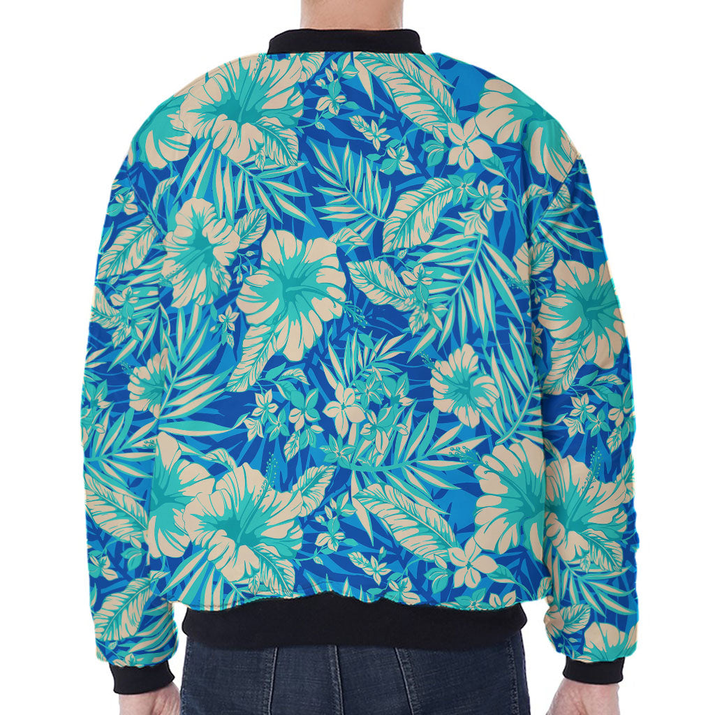 Blue Blossom Tropical Pattern Print Zip Sleeve Bomber Jacket
