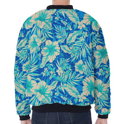 Blue Blossom Tropical Pattern Print Zip Sleeve Bomber Jacket