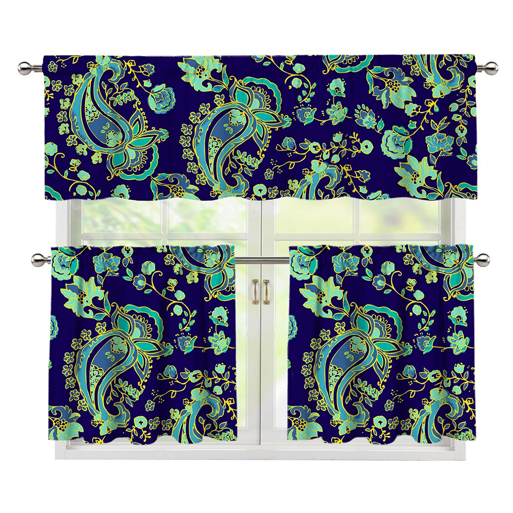 Blue Bohemian Paisley Pattern Print 3 Piece Kitchen Curtains