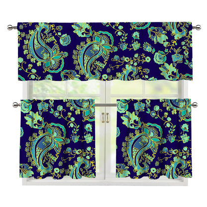 Blue Bohemian Paisley Pattern Print 3 Piece Kitchen Curtains
