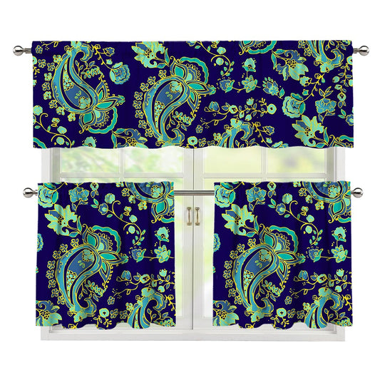 Blue Bohemian Paisley Pattern Print 3 Piece Kitchen Curtains