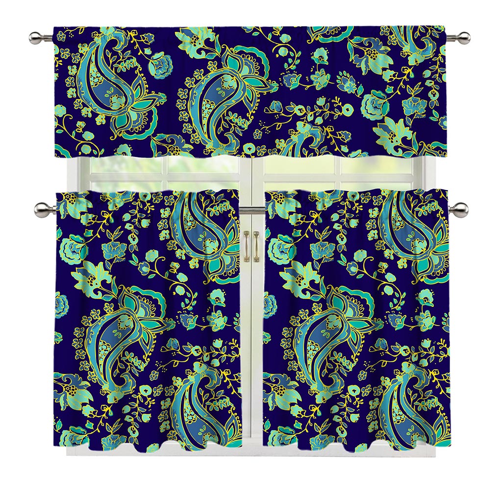 Blue Bohemian Paisley Pattern Print 3 Piece Kitchen Curtains