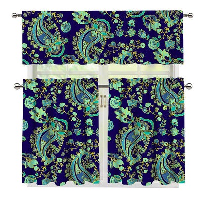 Blue Bohemian Paisley Pattern Print 3 Piece Kitchen Curtains