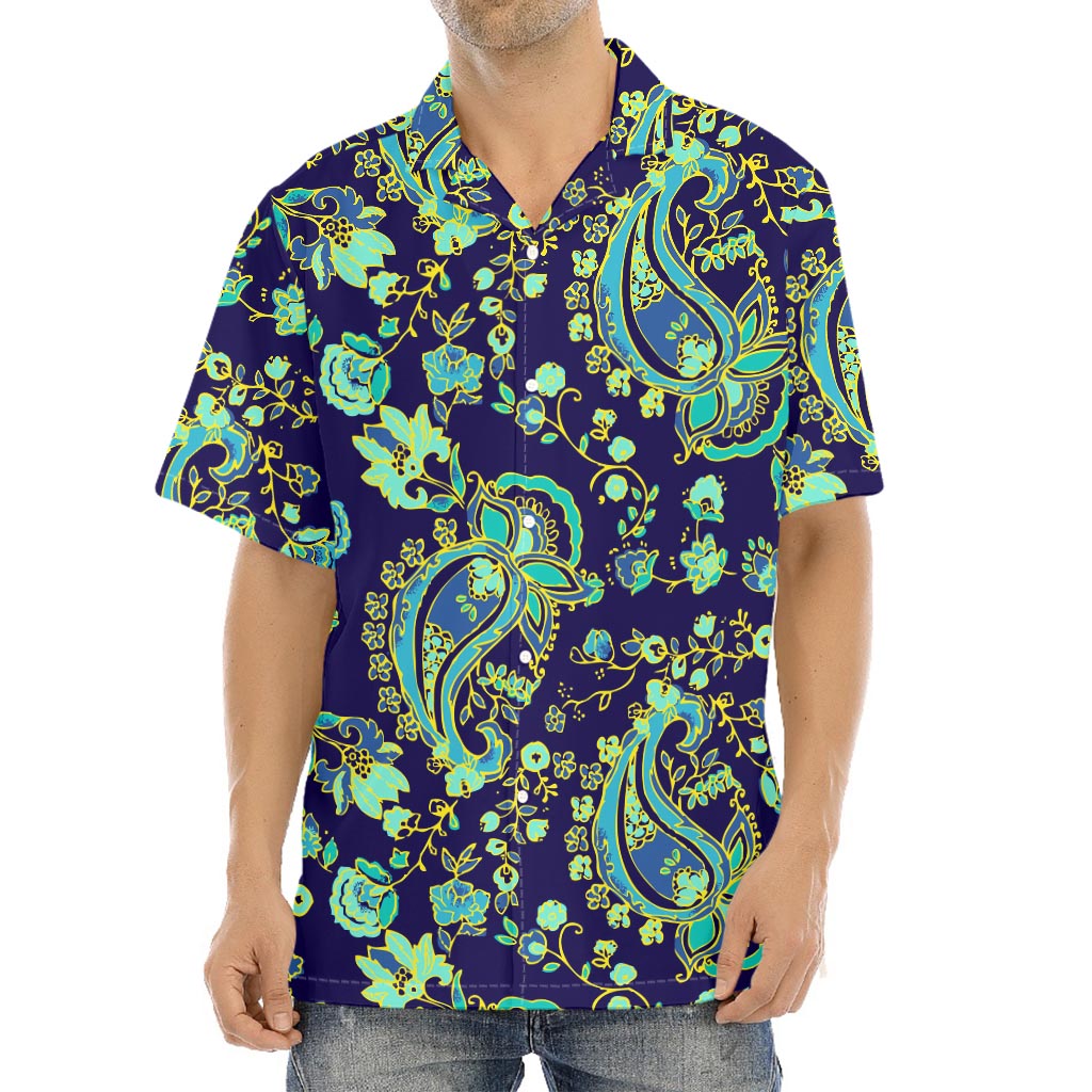 Blue Bohemian Paisley Pattern Print Aloha Shirt