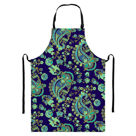 Blue Bohemian Paisley Pattern Print Bib Apron With Pocket