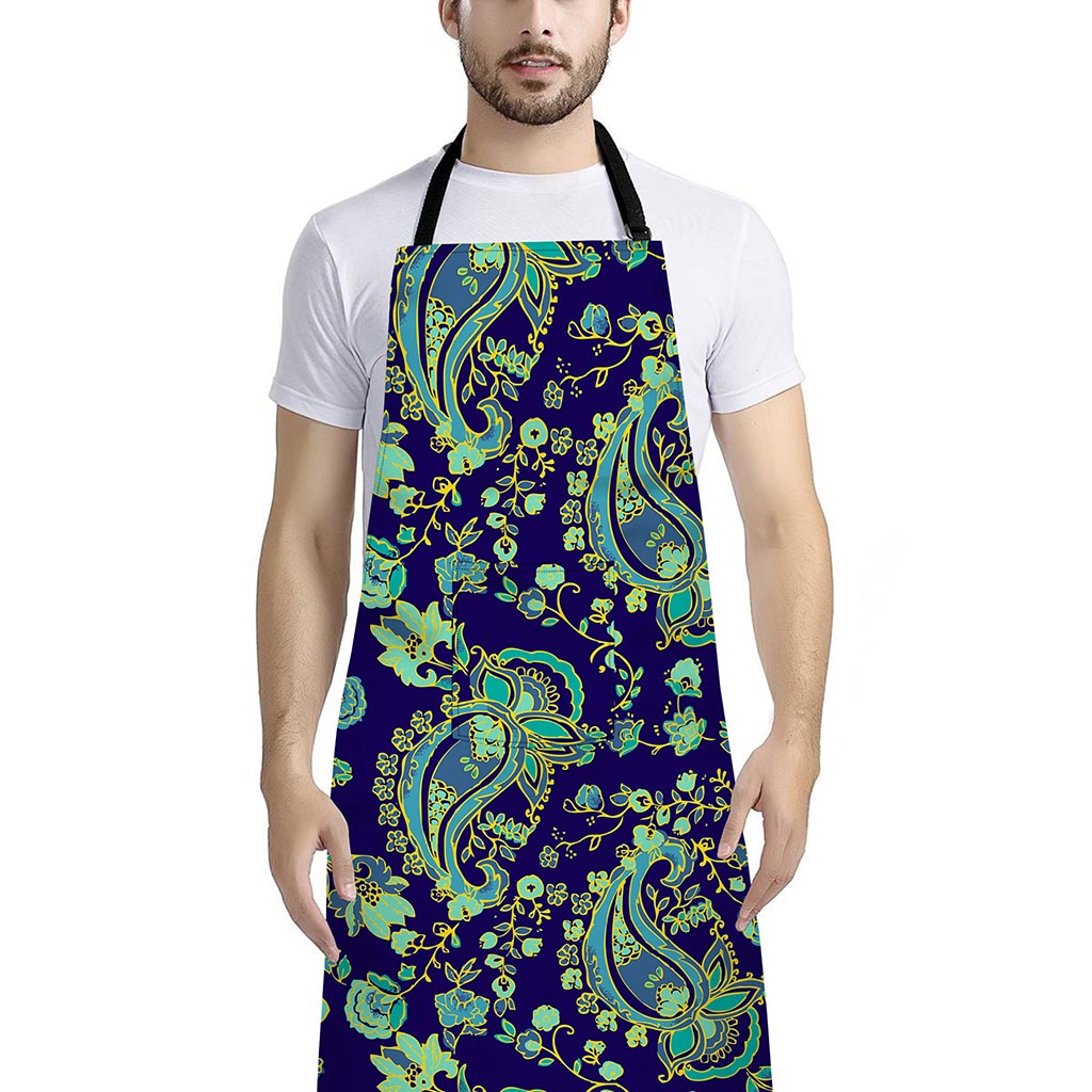 Blue Bohemian Paisley Pattern Print Bib Apron With Pocket