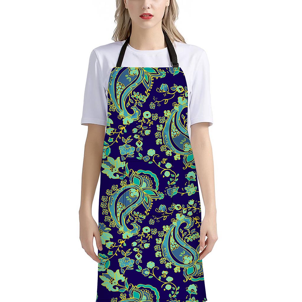 Blue Bohemian Paisley Pattern Print Bib Apron With Pocket