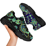 Blue Bohemian Paisley Pattern Print Black Chunky Shoes