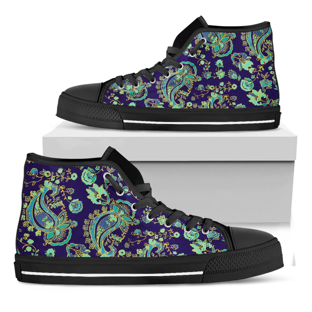 Blue Bohemian Paisley Pattern Print Black High Top Sneakers