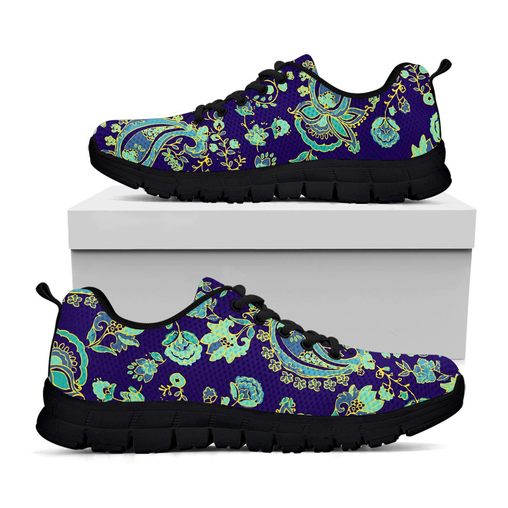 Blue Bohemian Paisley Pattern Print Black Running Shoes