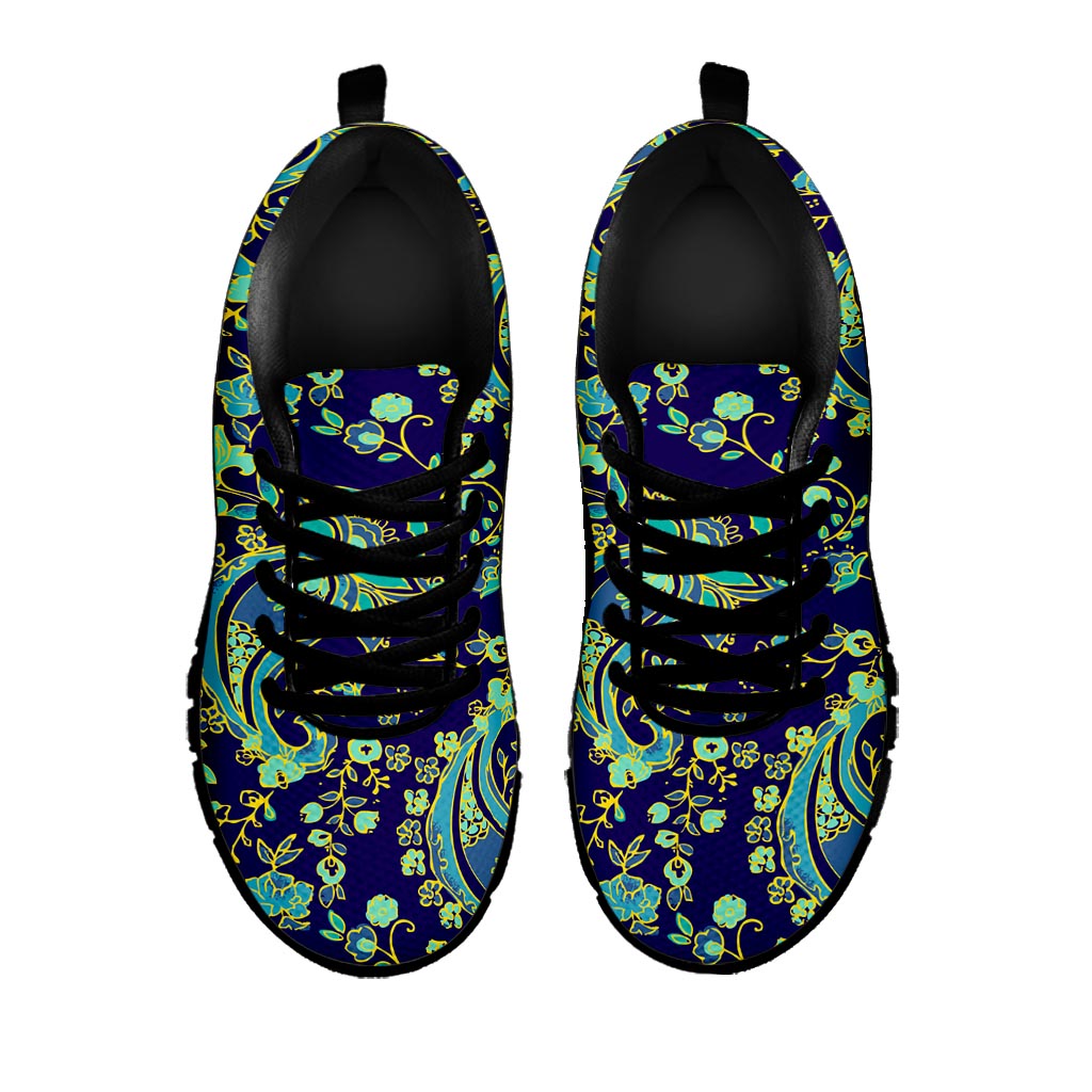 Blue Bohemian Paisley Pattern Print Black Running Shoes