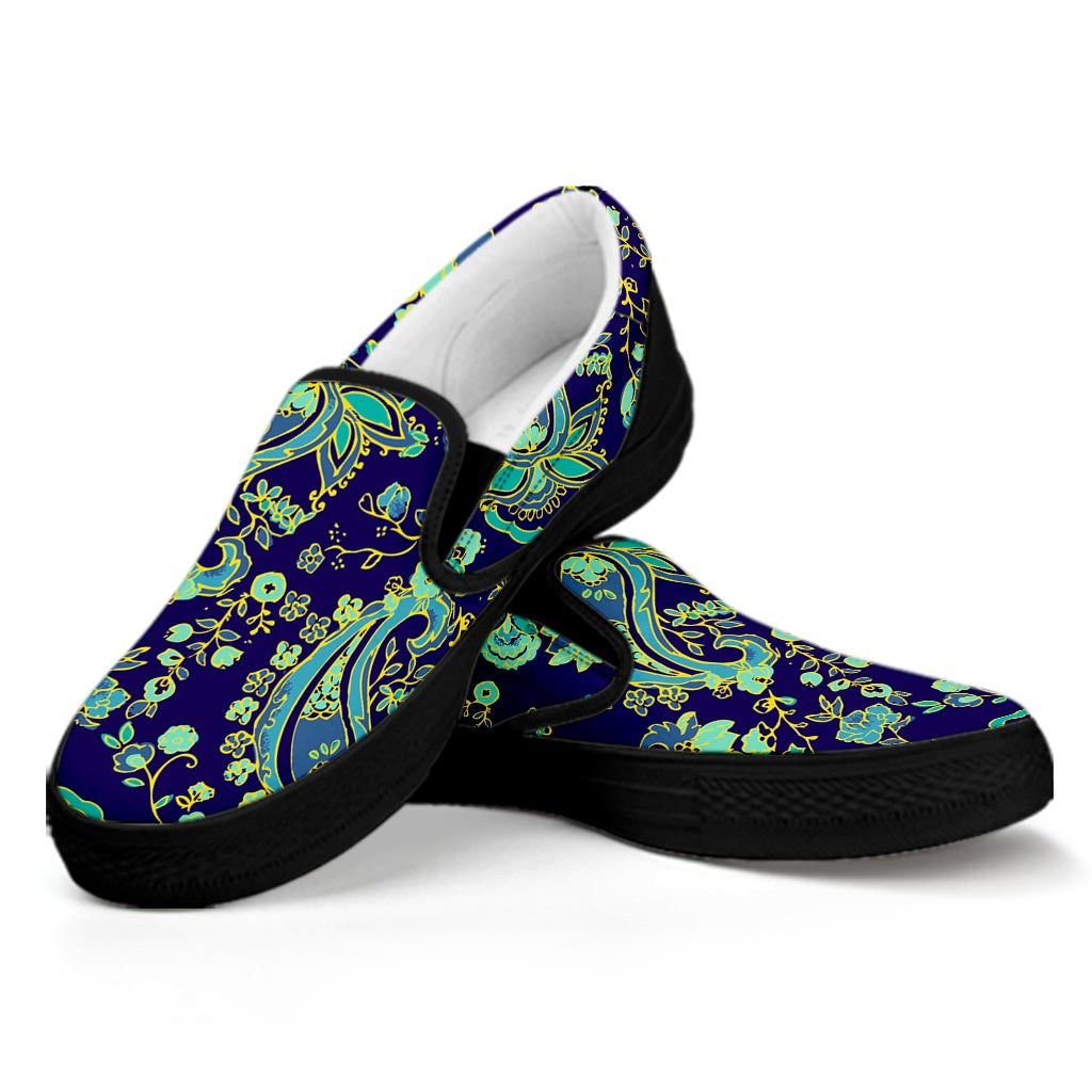 Blue Bohemian Paisley Pattern Print Black Slip On Sneakers