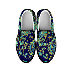 Blue Bohemian Paisley Pattern Print Black Slip On Sneakers