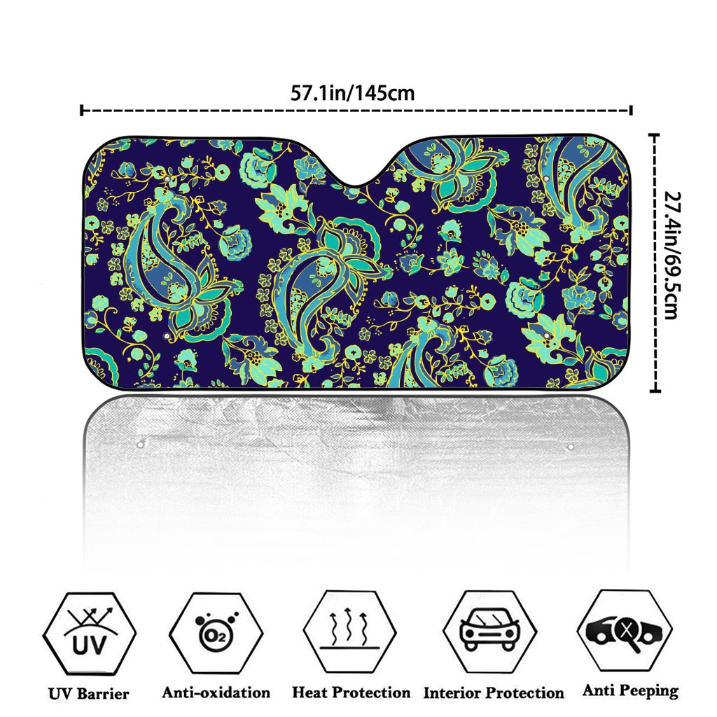 Blue Bohemian Paisley Pattern Print Car Windshield Sun Shade