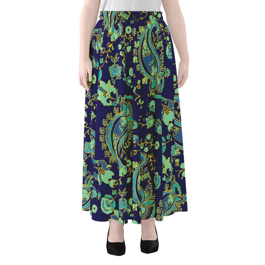 Blue Bohemian Paisley Pattern Print Chiffon Maxi Skirt