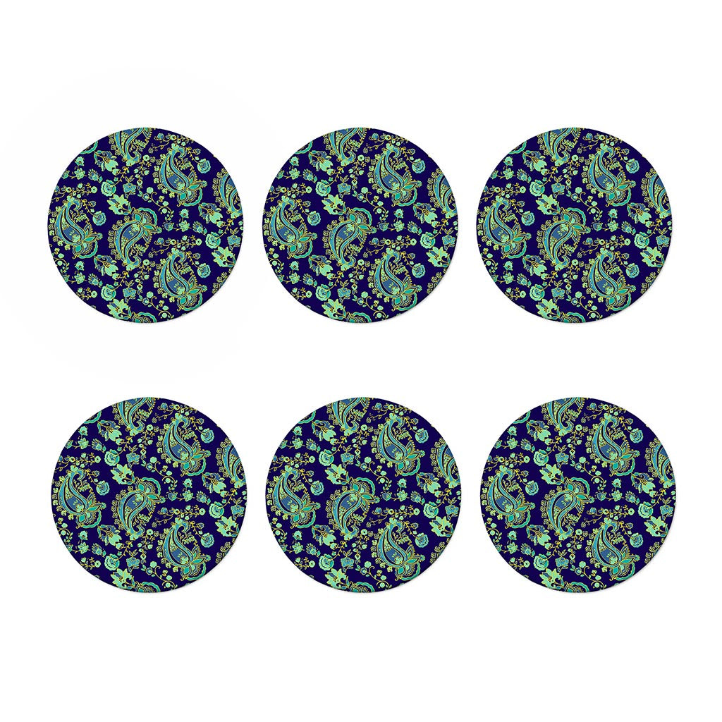 Blue Bohemian Paisley Pattern Print Coaster Set
