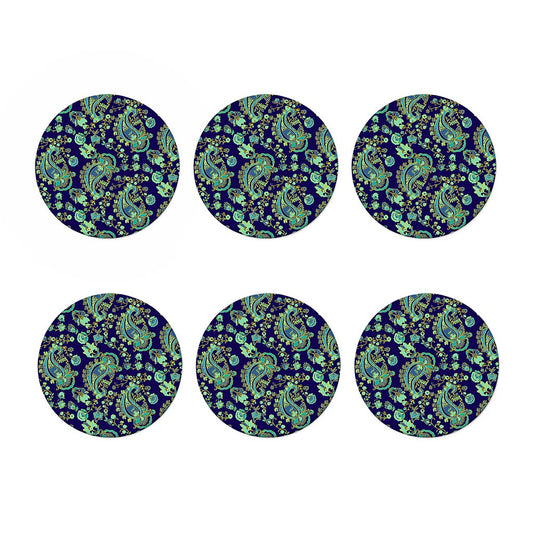 Blue Bohemian Paisley Pattern Print Coaster Set