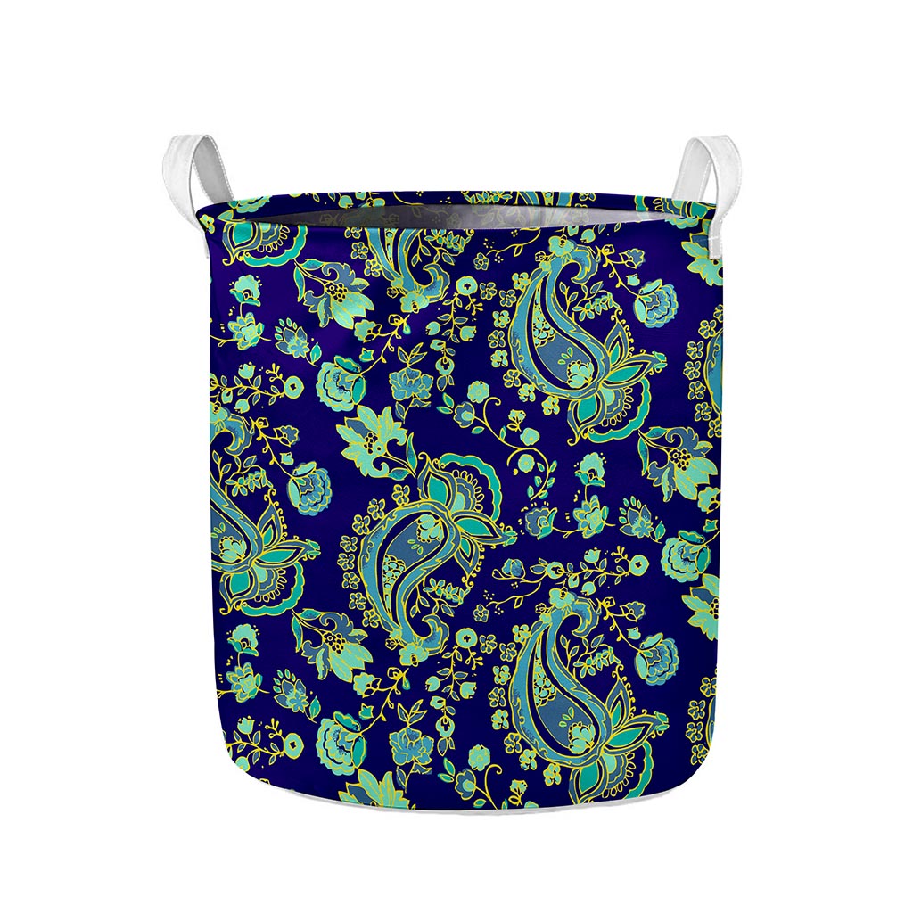 Blue Bohemian Paisley Pattern Print Collapsible Laundry Basket