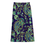 Blue Bohemian Paisley Pattern Print Cotton Front Slit Maxi Skirt
