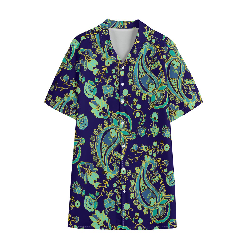 Blue Bohemian Paisley Pattern Print Cotton Hawaiian Shirt