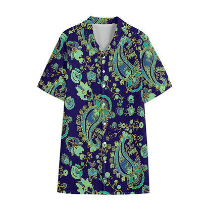 Blue Bohemian Paisley Pattern Print Cotton Hawaiian Shirt