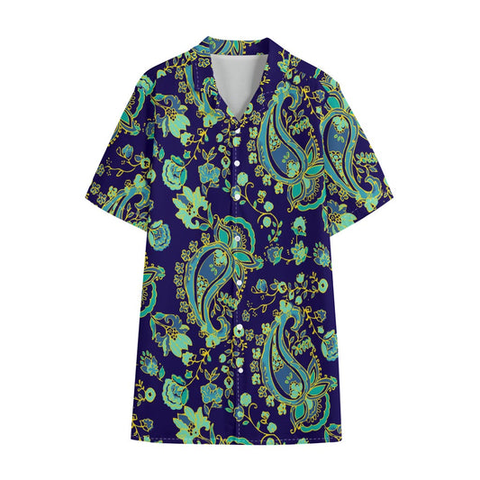 Blue Bohemian Paisley Pattern Print Cotton Hawaiian Shirt